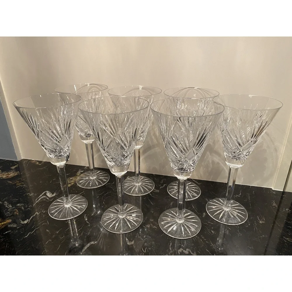 Bohemian Crystal Glass Set of 7 Champagne Flute Wine Glasses 12 oz Hand Cut